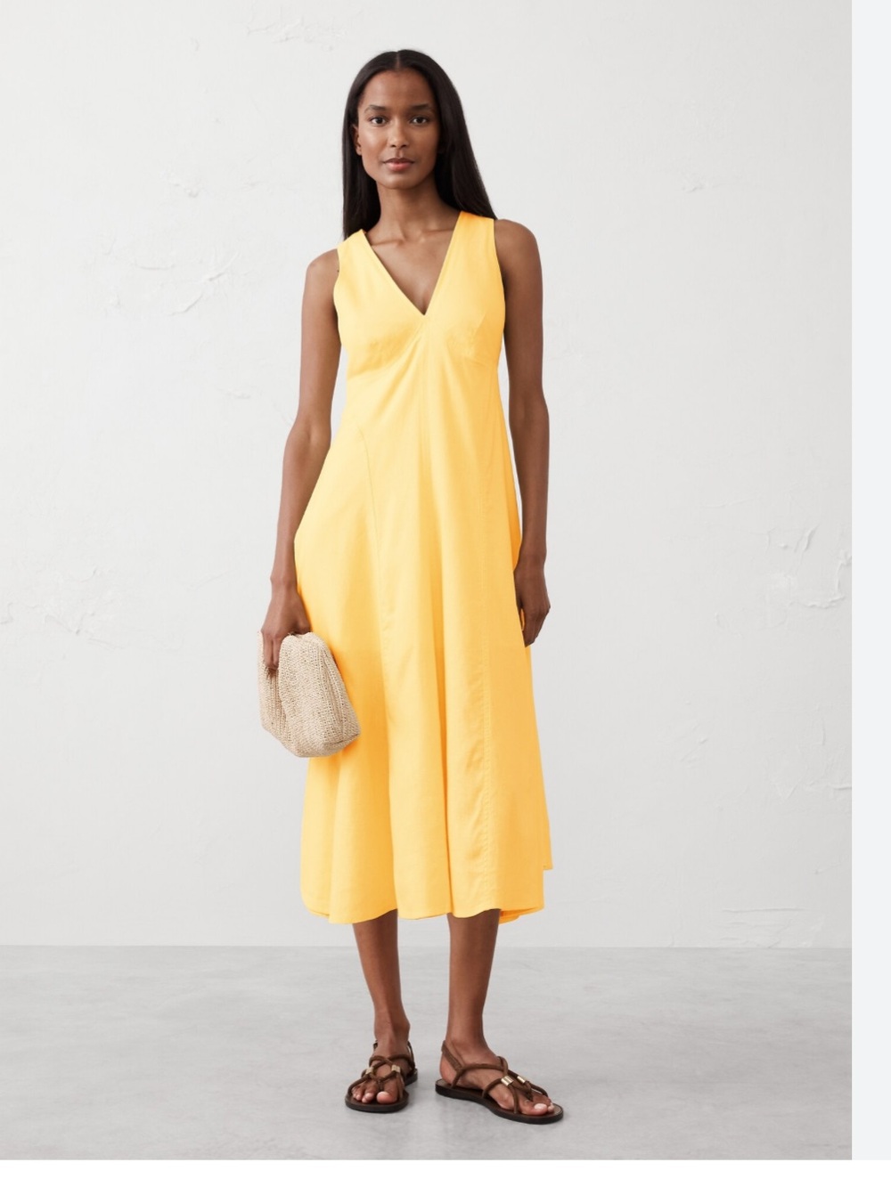 BANANA REPUBLIC Linen Blend Midi Dress Buttercup Yellow Sz 14 Beach Travel Bold